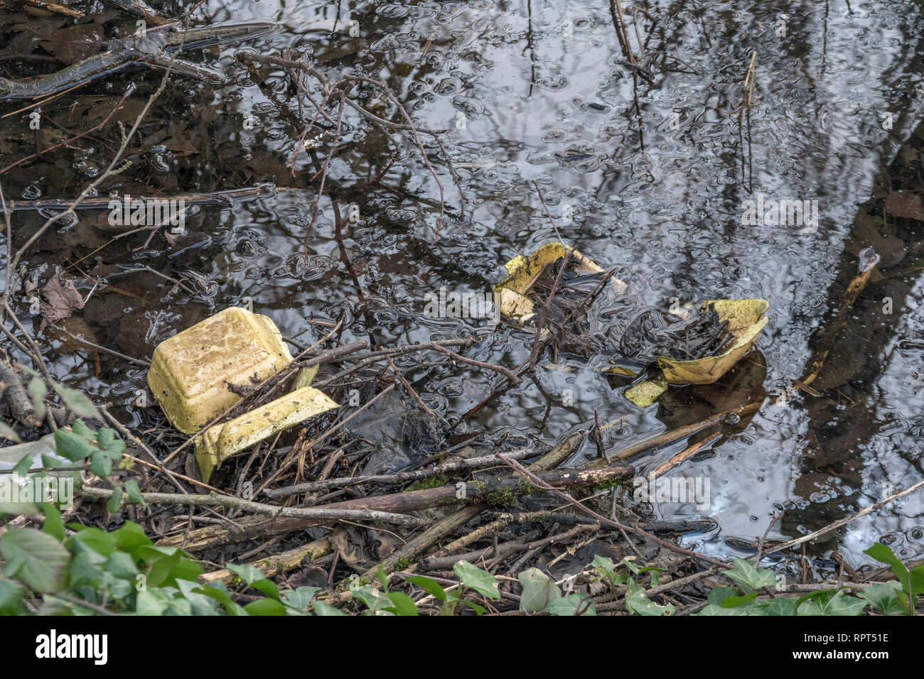 Plastic rubbish in countryside drainage ditch. Concept of UK plastic pollution. Takeaway food packaging, UK single-use plastic ban for foods. Stock Photo