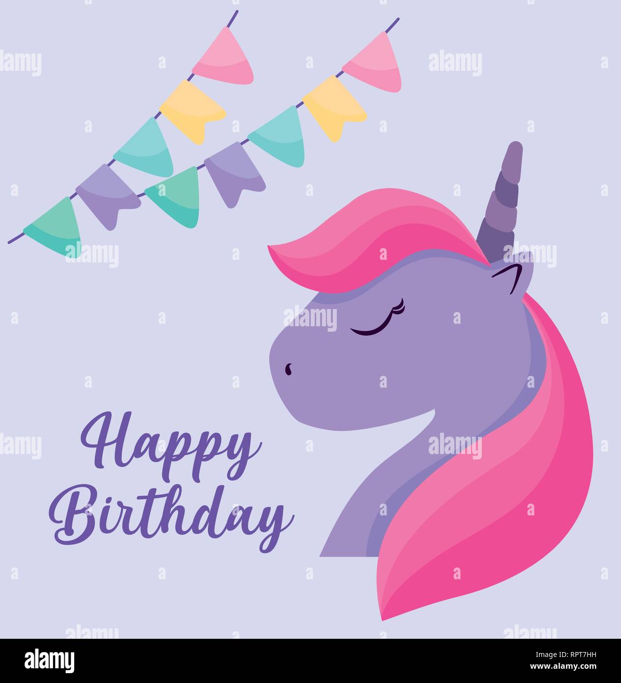 happy birthday card with cute head unicorn vector illustration design ...