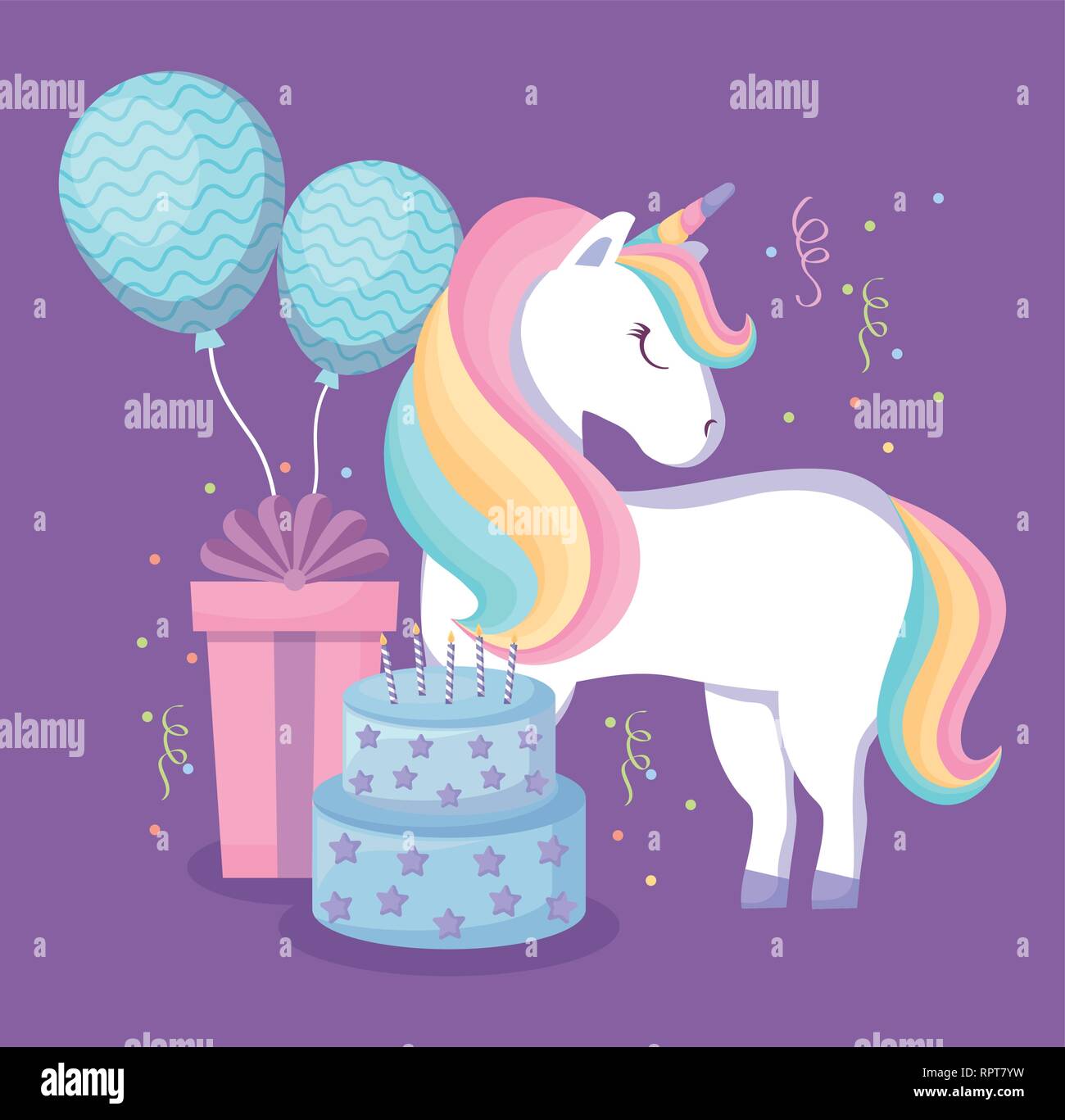 cute unicorn with balloons helium and set icons vector illustration ...