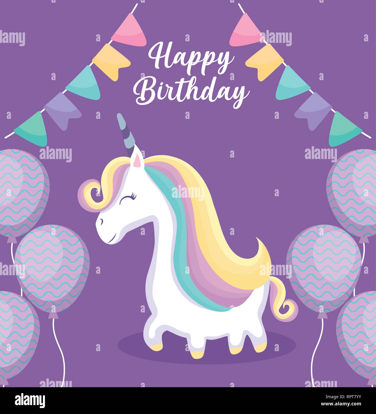 happy birthday card with cute unicorn vector illustration design Stock ...