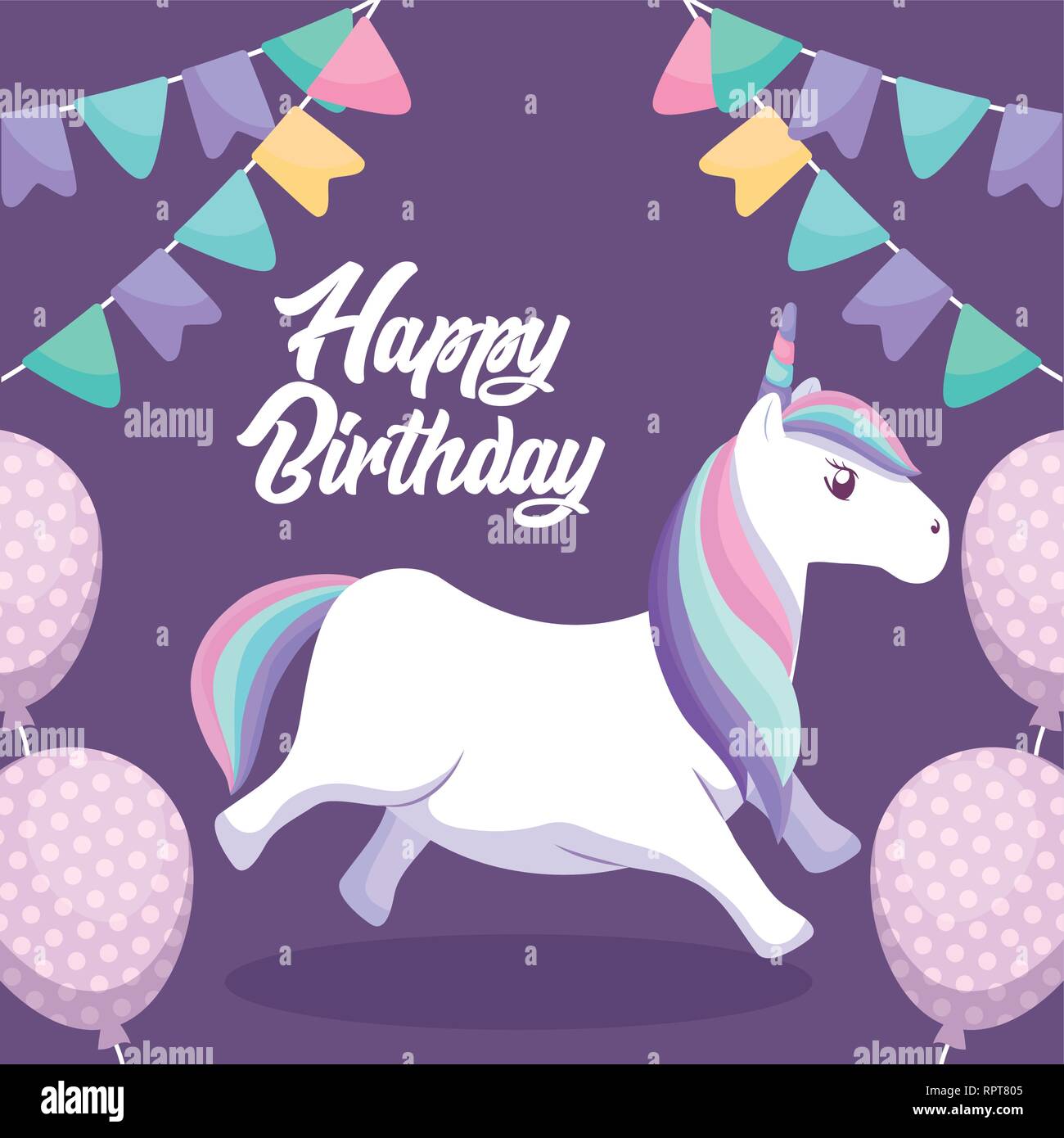 happy birthday card with cute unicorn vector illustration design Stock ...