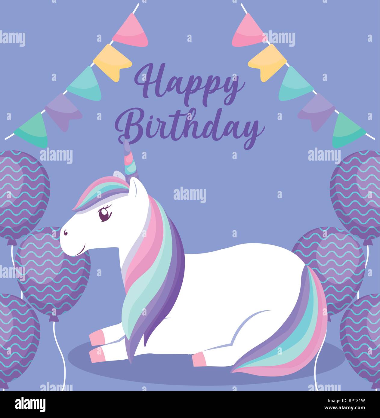 happy birthday card with cute unicorn vector illustration design Stock ...