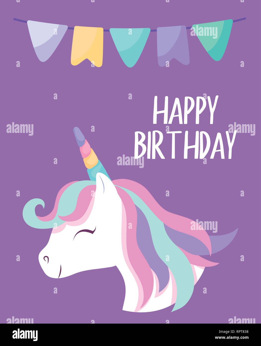 happy birthday card with cute head unicorn vector illustration design ...