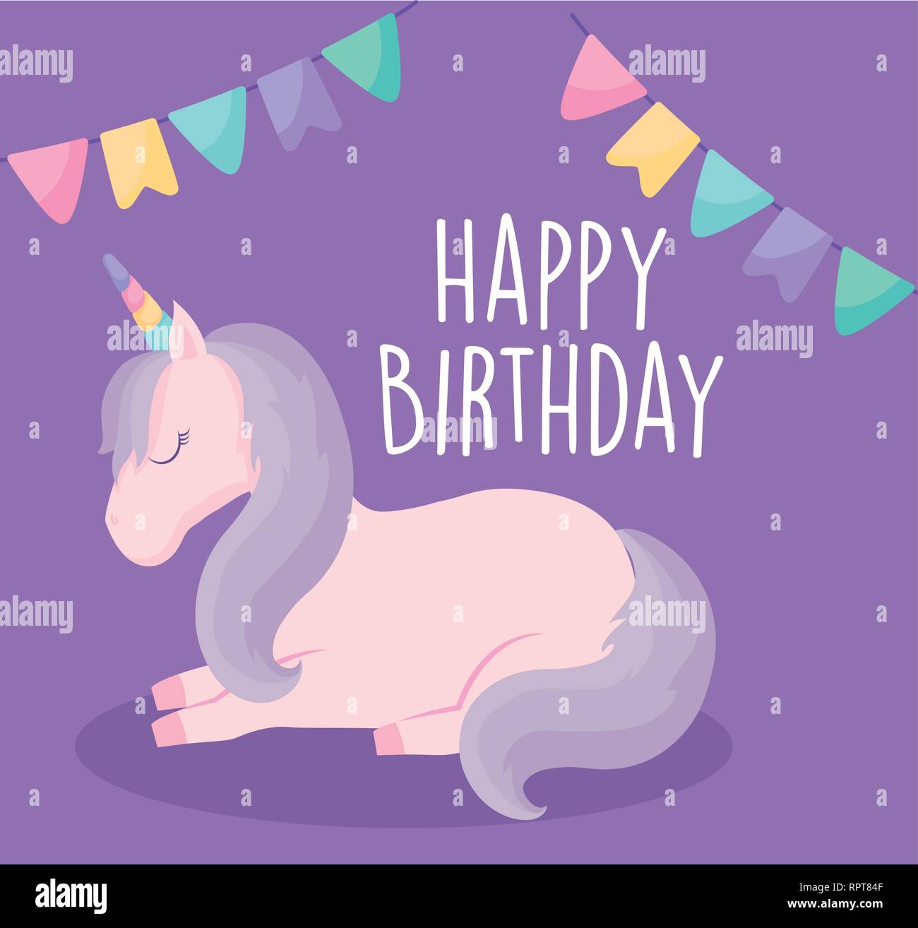 happy birthday card with cute unicorn vector illustration design Stock ...