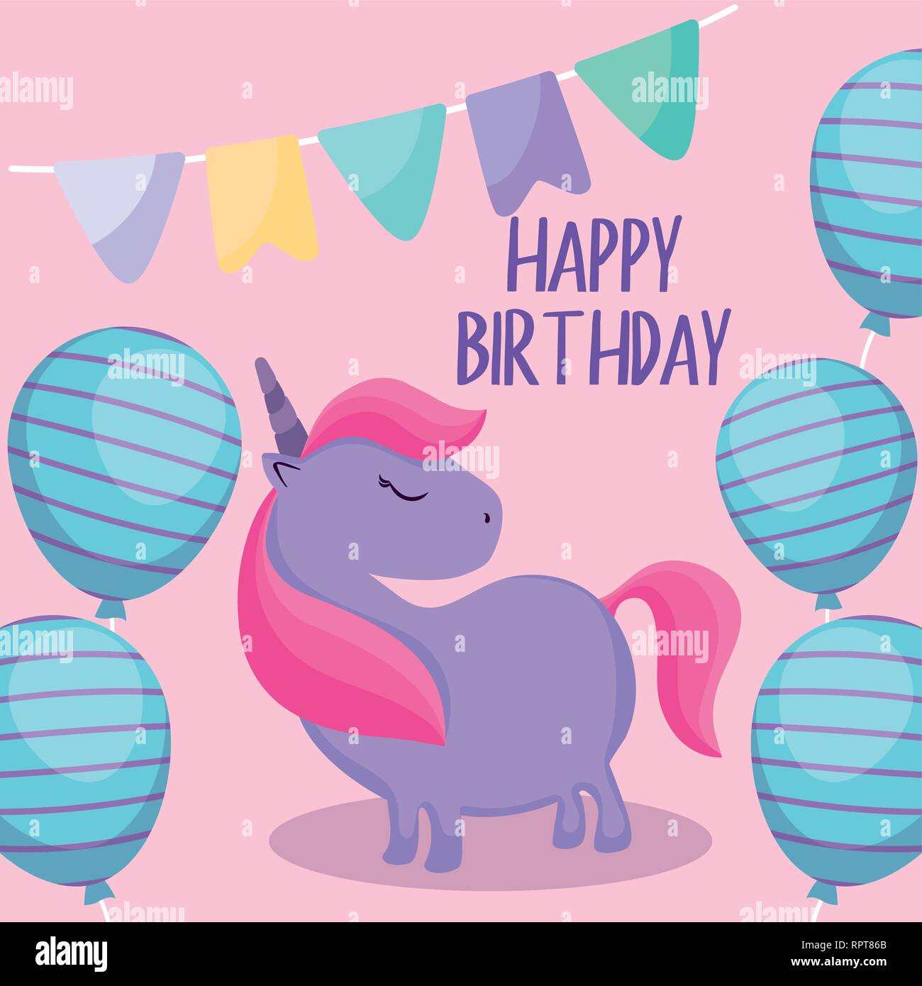 happy birthday card with cute unicorn vector illustration design Stock ...