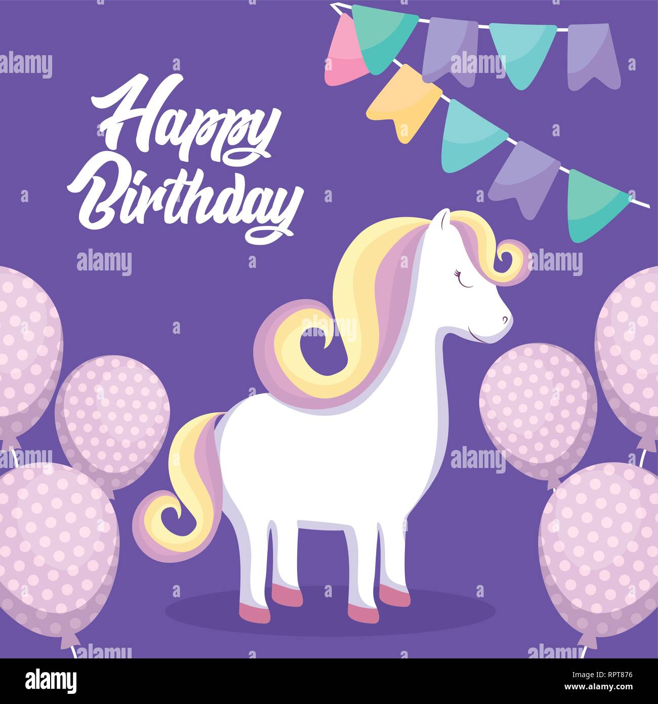happy birthday card with cute unicorn vector illustration design Stock ...