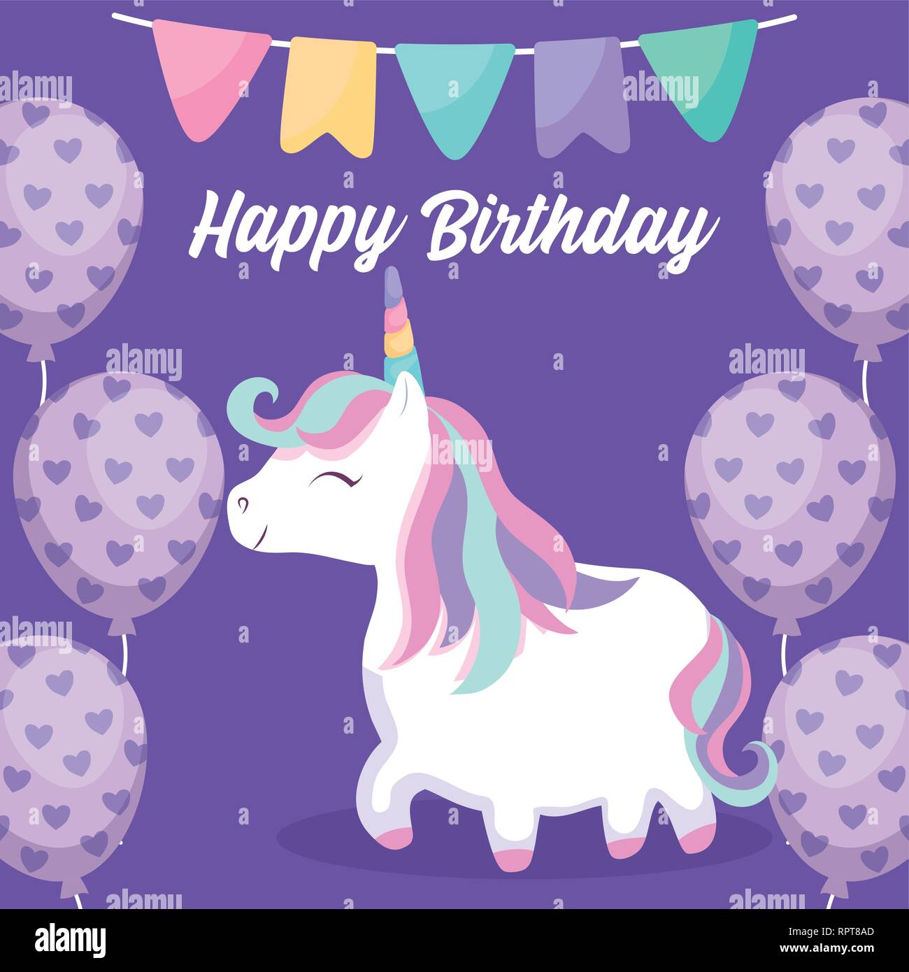 happy birthday card with cute unicorn vector illustration design Stock ...