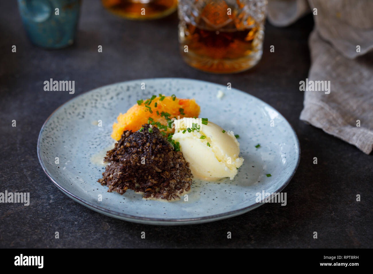 Scottish dish of haggis, neeps and tatties, meal served traditionaly on Burns night Stock Photo