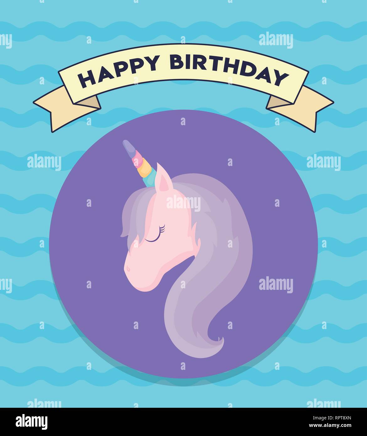 happy birthday card with cute unicorn head vector illustration design ...
