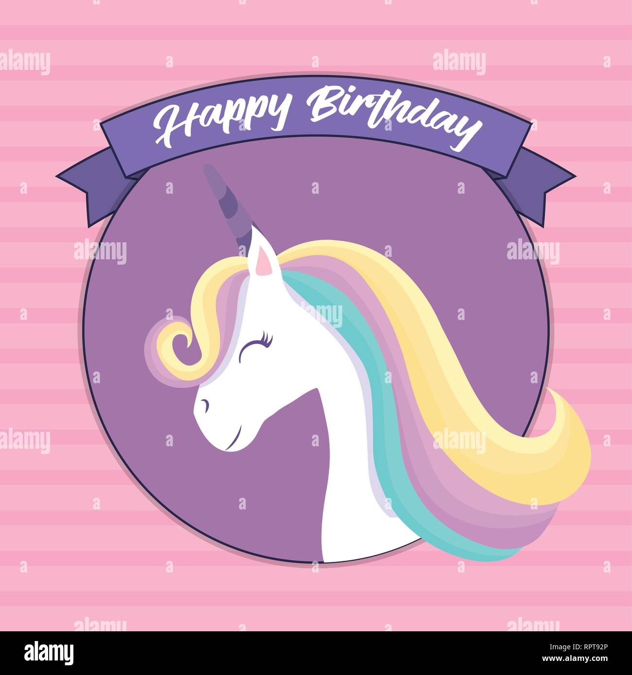 happy birthday card with cute unicorn head vector illustration design ...