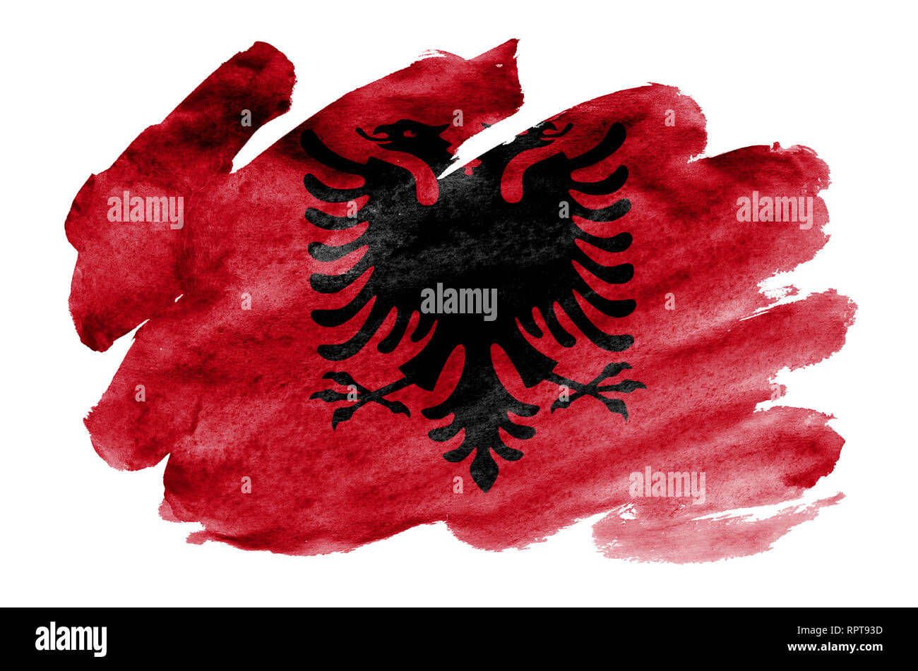 Albania flag  is depicted in liquid watercolor style isolated on white background. Careless paint shading with image of national flag. Independence Da Stock Photo