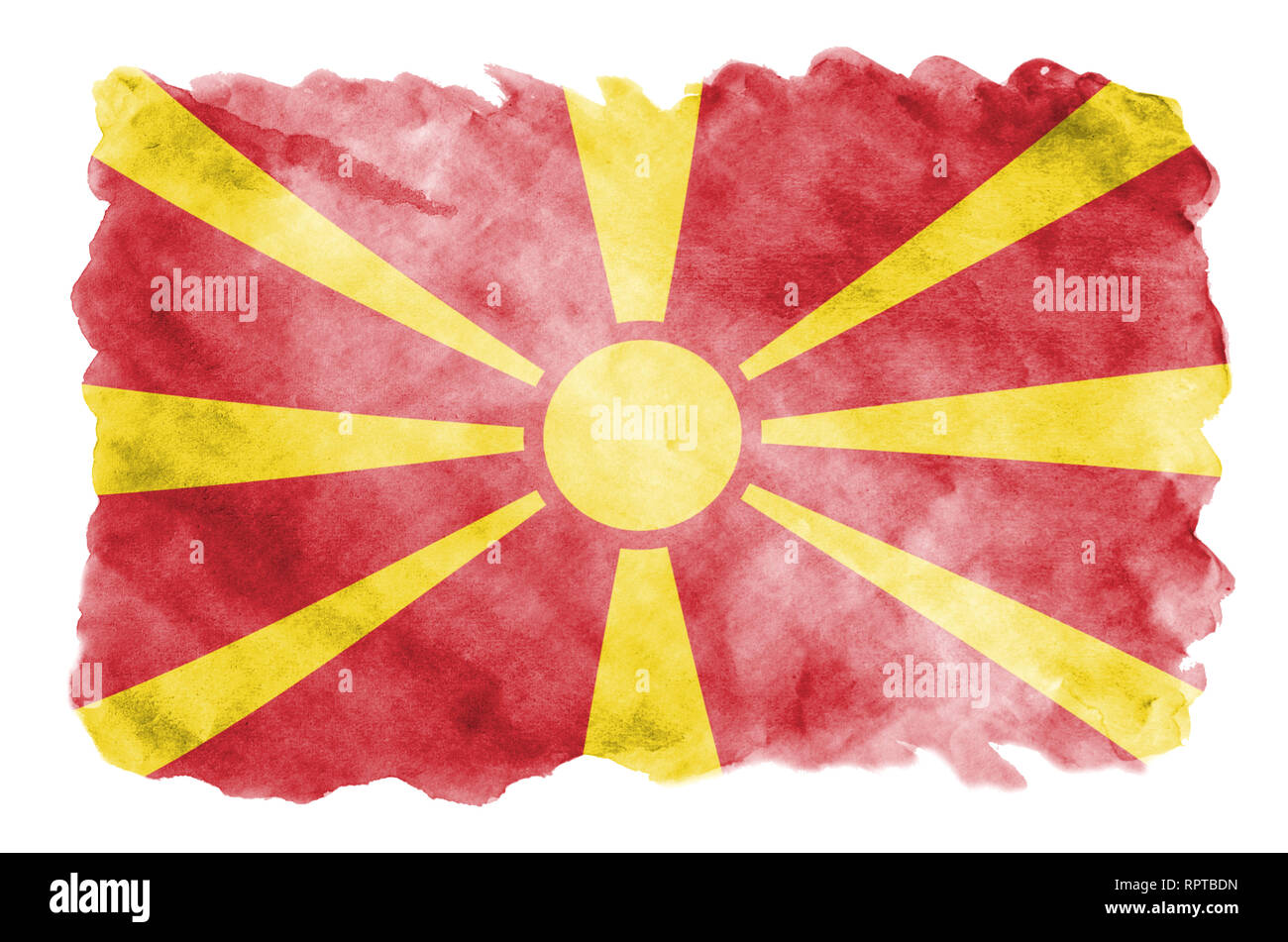 Macedonia flag  is depicted in liquid watercolor style isolated on white background. Careless paint shading with image of national flag. Independence  Stock Photo