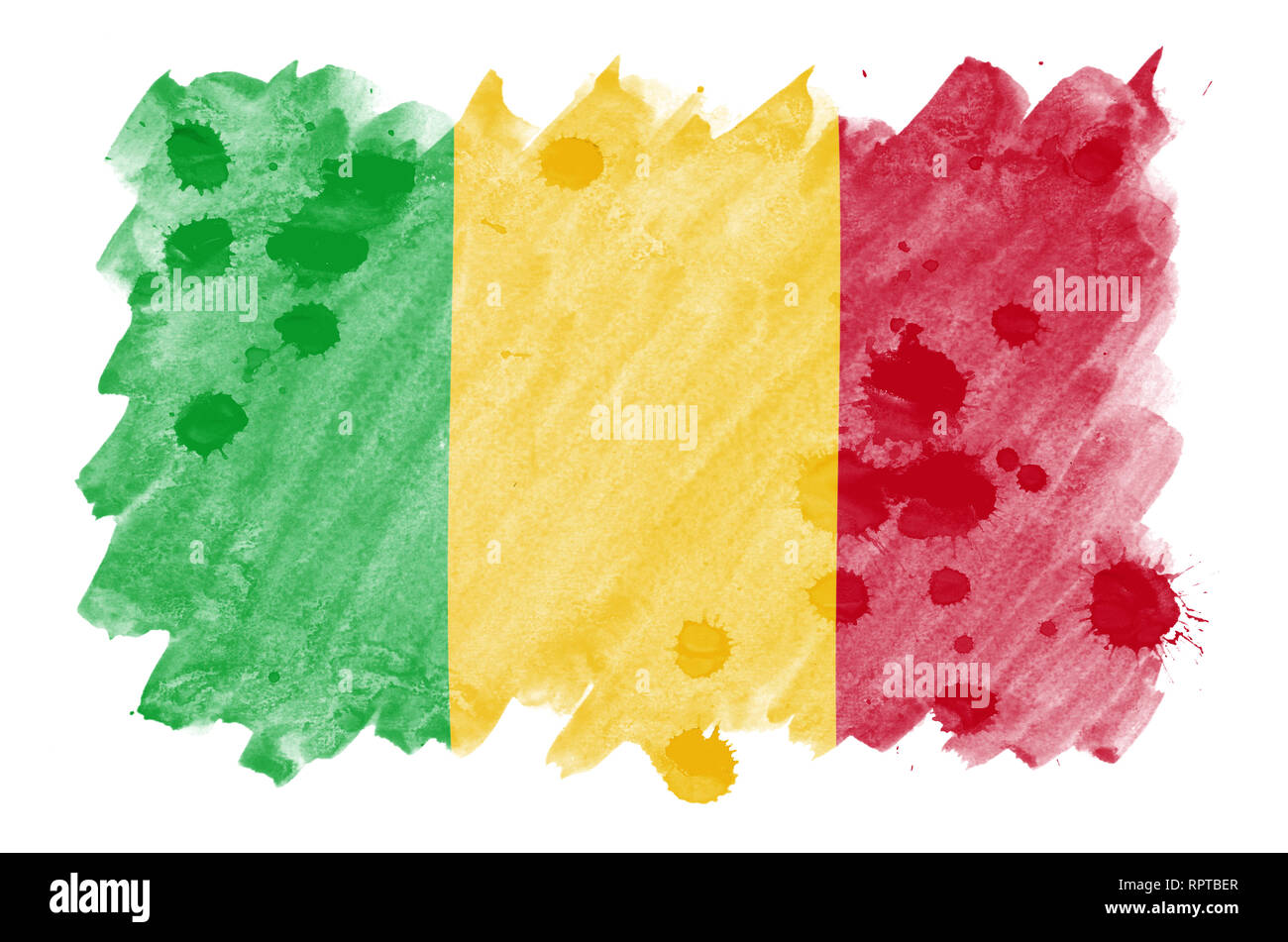 Mali flag  is depicted in liquid watercolor style isolated on white background. Careless paint shading with image of national flag. Independence Day b Stock Photo