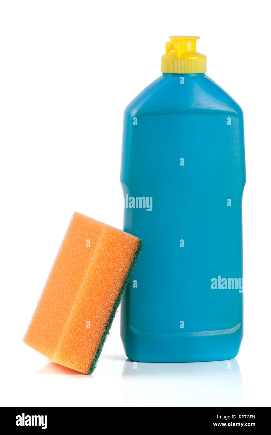 dishwashing detergent with sponge isolated on white background Stock
