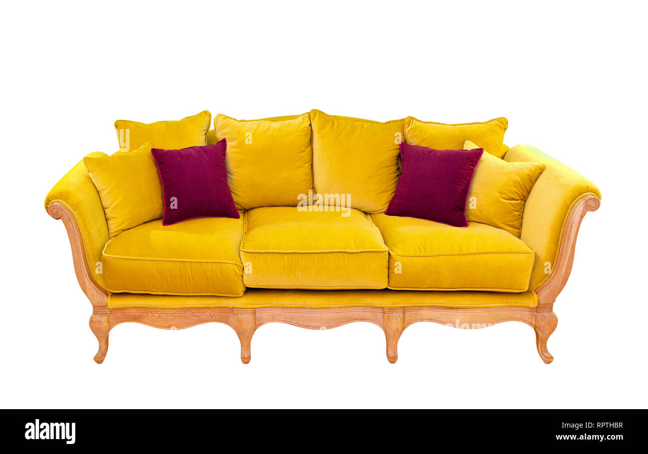 Green sofa with pillows isolated included clipping path Stock Photo Alamy