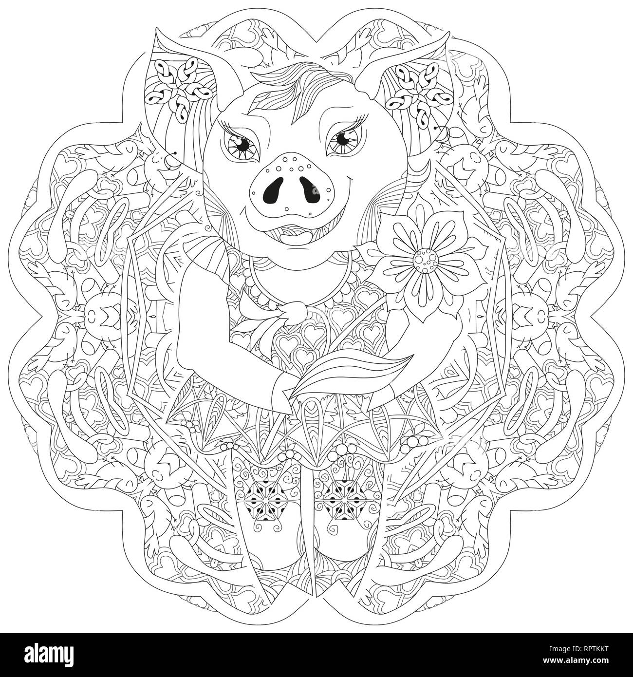 Zentangle illustration with pig. Zen tangle or doodle piglet with mandala. Coloring book domestic animal. Stock Vector