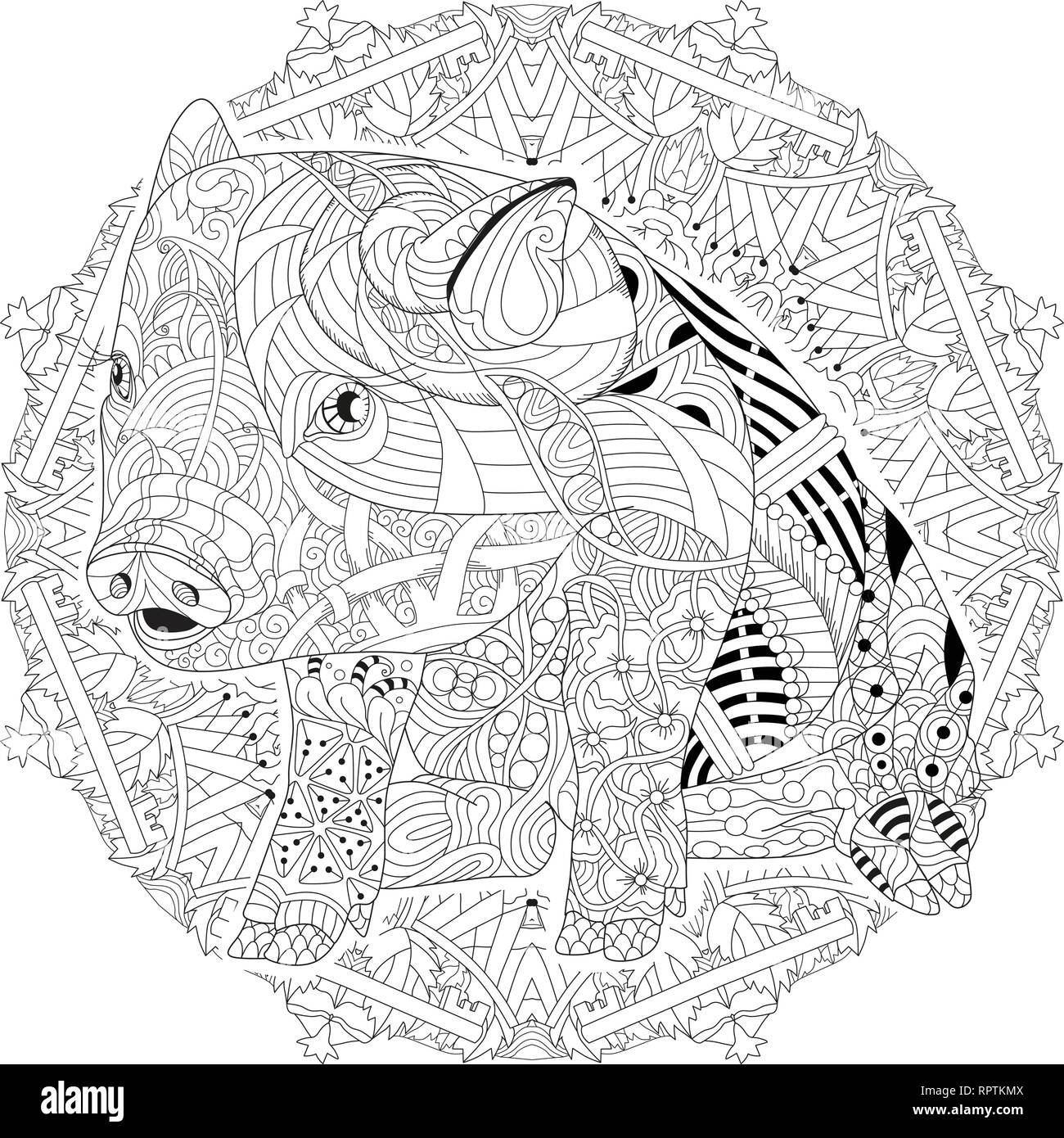 Zentangle illustration pig with mandala. Zentangle or doodle piglet. Coloring book domestic animal. Stock Vector
