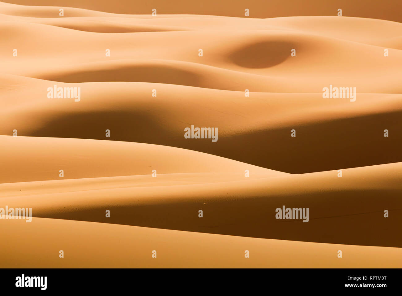 Abstract wave pattern of sand dune ranges in endless skyless landscape in the middle of arid sand desert on australian pacific coast in soft sun light Stock Photo