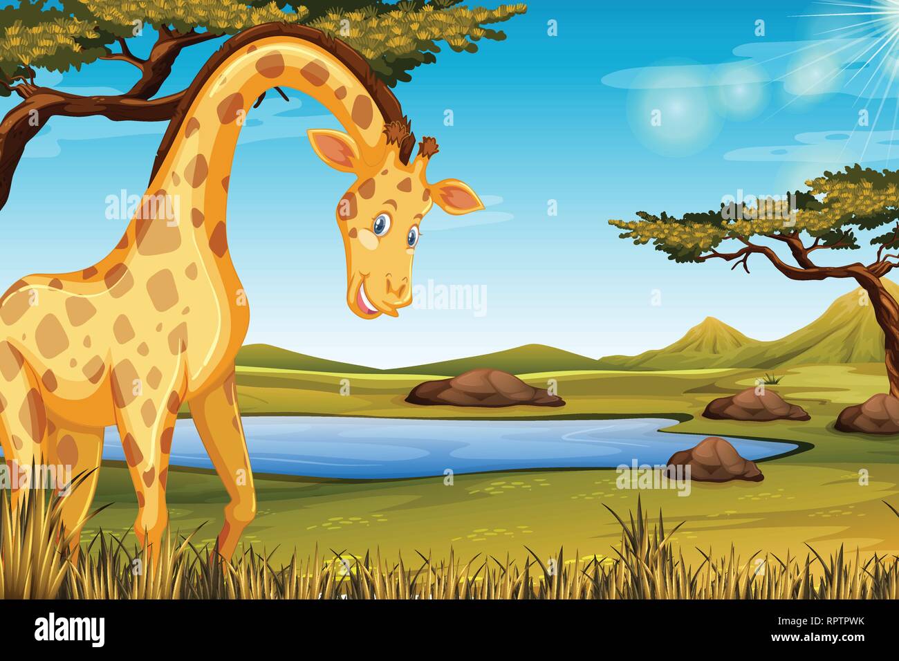 happy giraffe in nature scenes illustration Stock Vector Image & Art ...