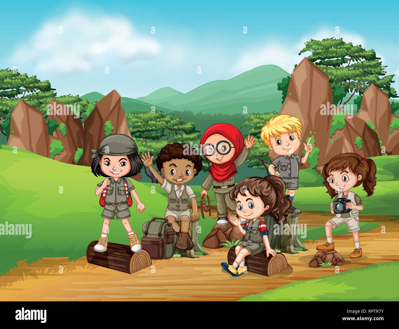 Group of scout kids scene illustration Stock Vector