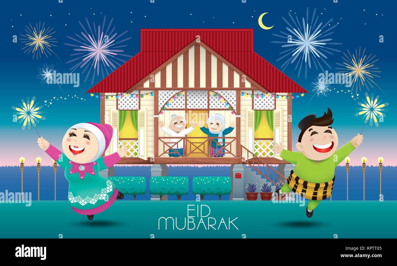 A Muslim family celebrating Raya festival in their traditional Malay style house. Caption: happy holiday. Vector. Stock Vector