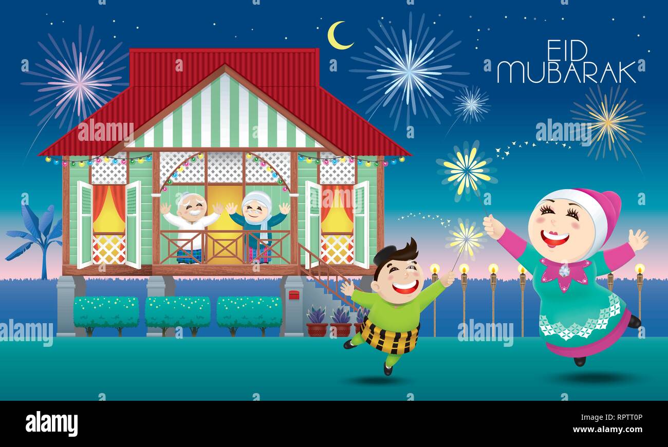 A Muslim family celebrating Raya festival in their traditional Malay style house. Caption: happy holiday. Vector. Stock Vector