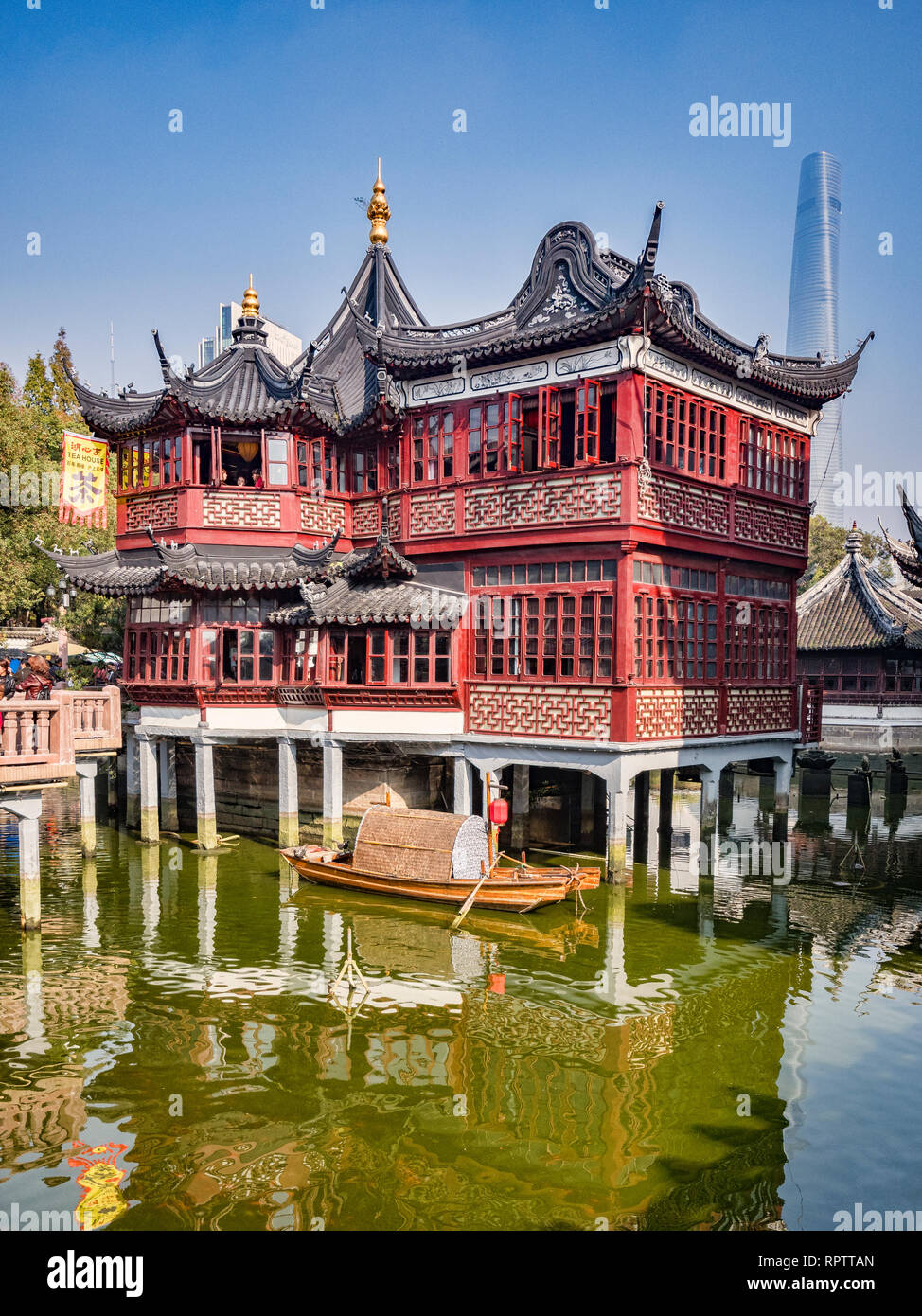 29 November 2018 - Shanghai, China  -  The Huxinting Tea House and Nine Turn Bridge in the Yu Garden area of the Old Town, Shanghai Stock Photo