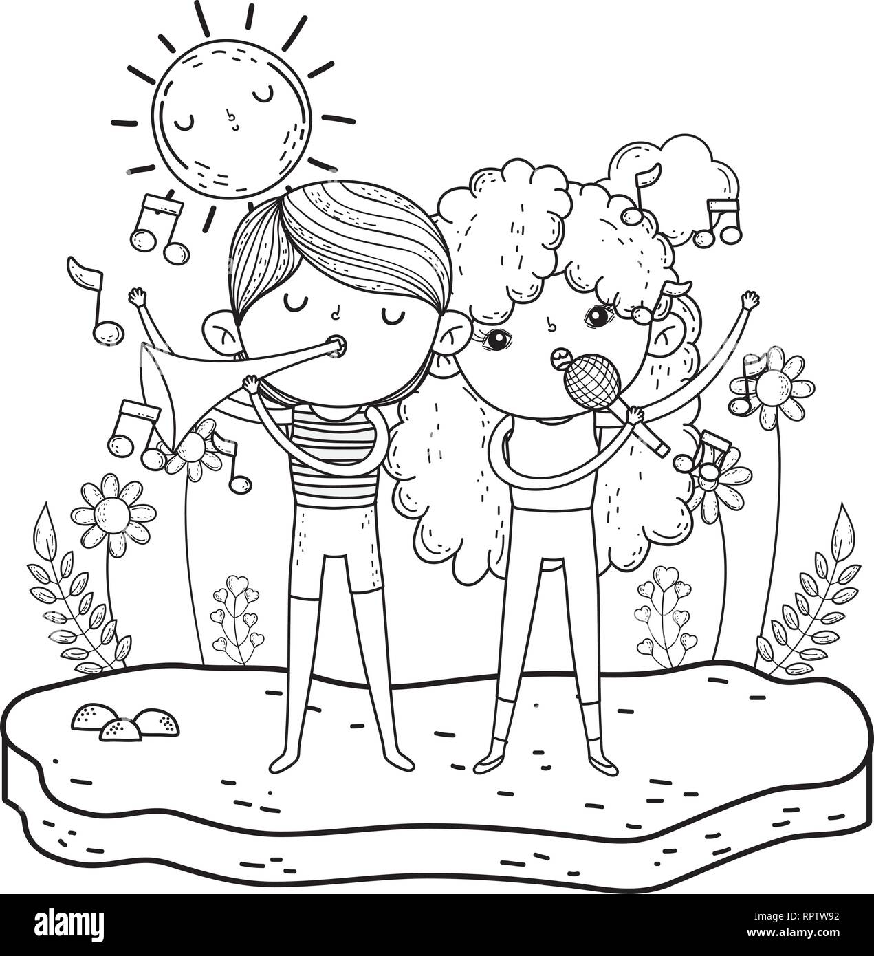Girl Singing And Boy Playing Trumpet In The Landscape Stock Vector