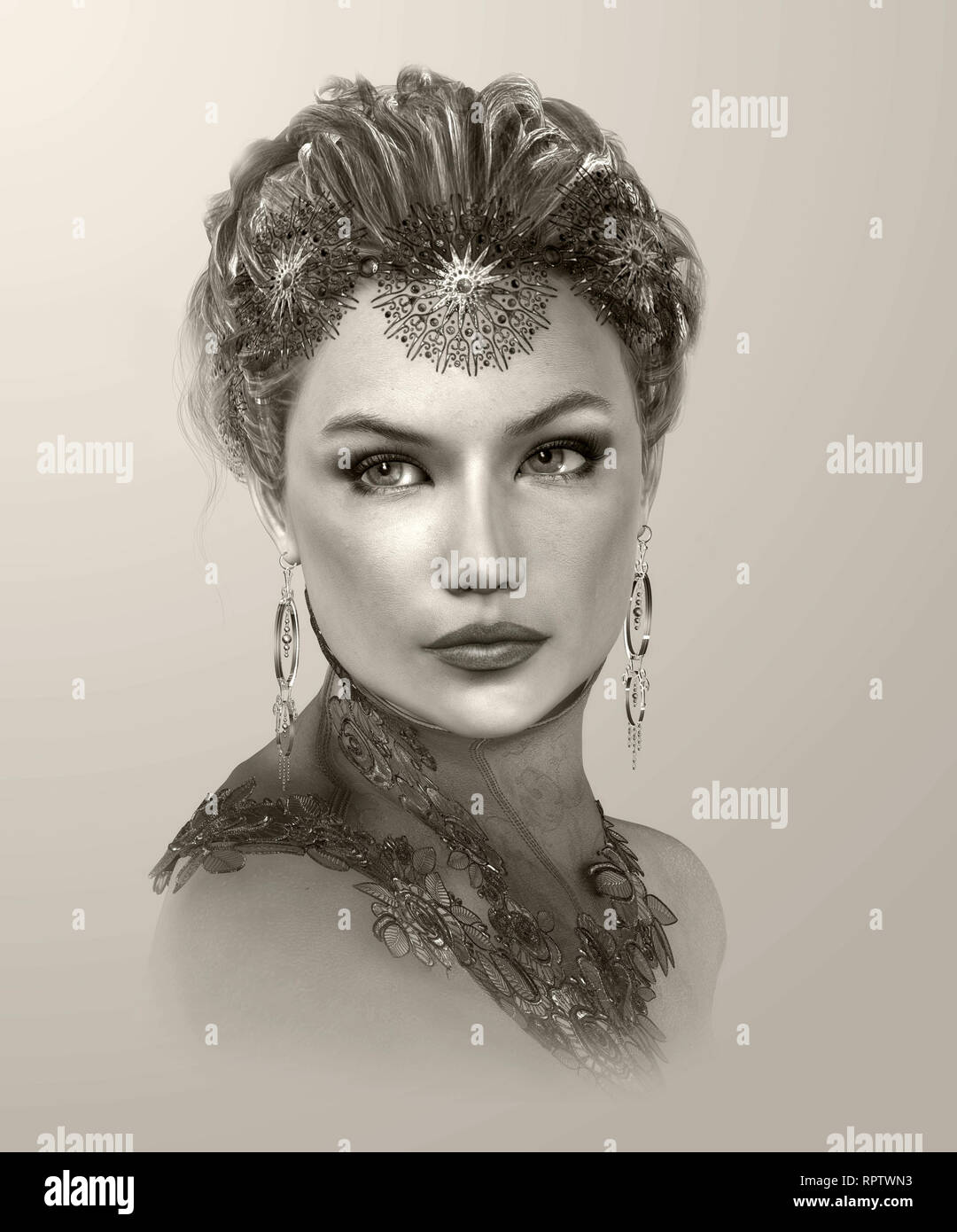 3D computer graphics of a Portrait of a Lady with hair accessories, collar and earrings Stock Photo