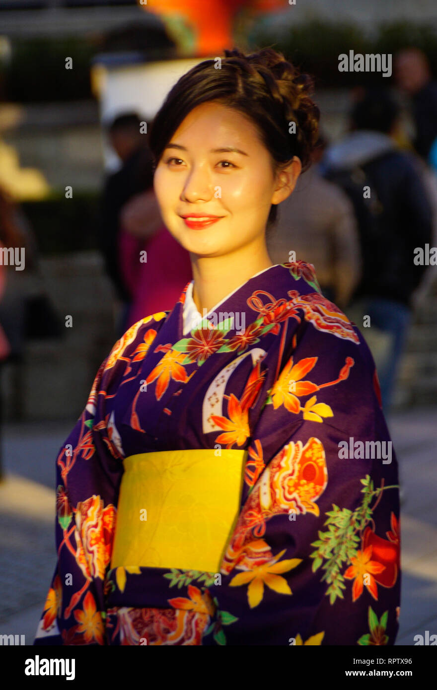 Young Japanese woman wearing kimono visiting temple in Kyoto Stock