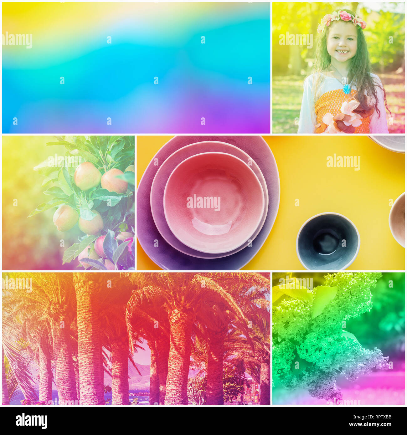 Collage in trendy neon colors, smiling girl, bokeh, textures, palm trees, flowers, pottery, selective focus Stock Photo