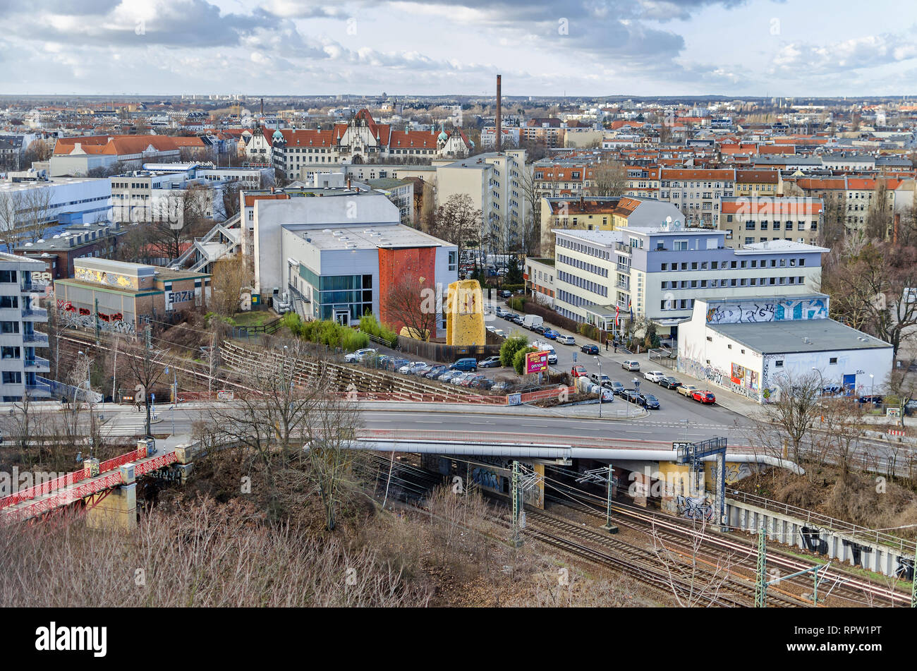 Berlin, Germany - February 11, 2019: View from the Flak tower Humboldthain over the district Gesundbrunnen with the Humboldsteg, Boettgerstrasse Stock Photo