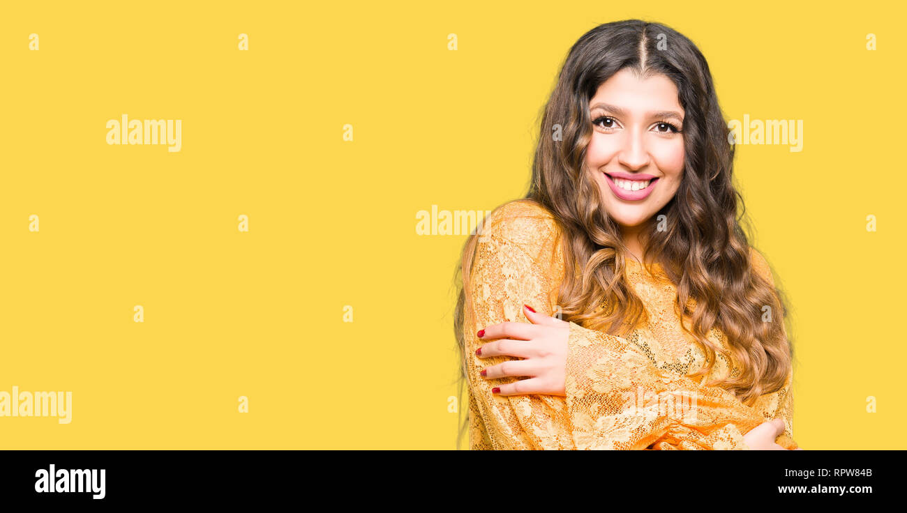 Young beautiful woman wearing yellow elegant dress happy face smiling ...