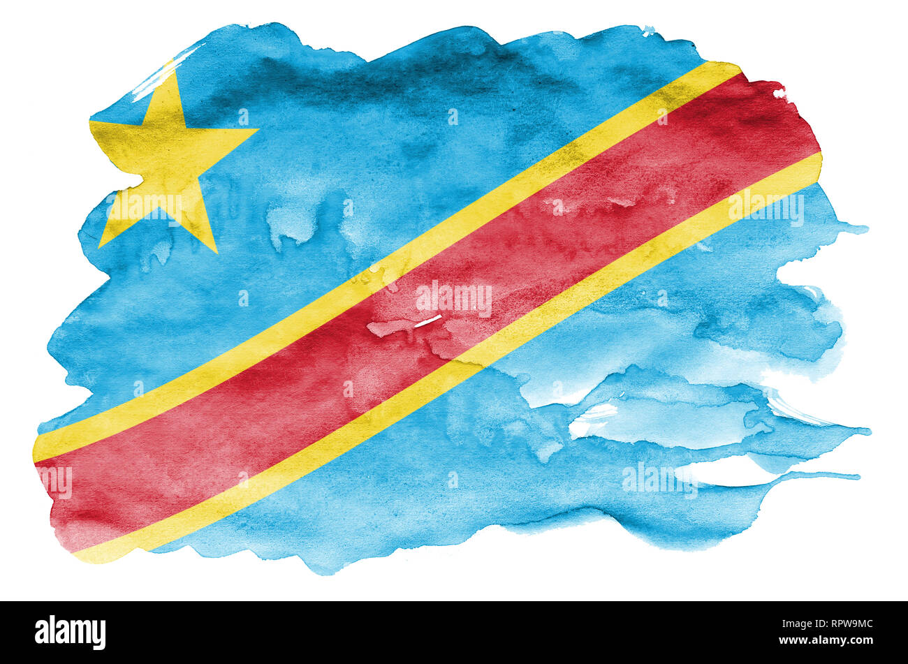 Democratic Republic of the Congo flag  is depicted in liquid watercolor style isolated on white background. Careless paint shading with image of natio Stock Photo