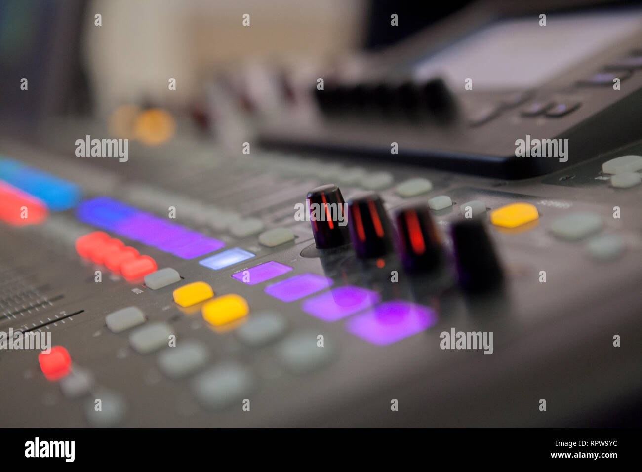 Sound recording studio mixing desk. Music mixer control panel Stock