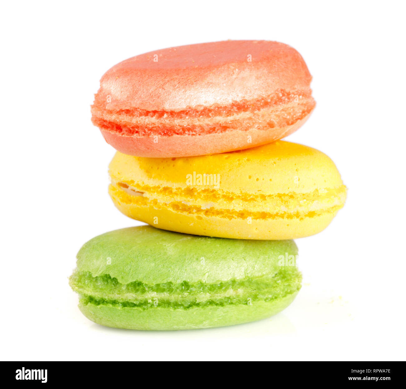 Three macaroons isolated on white background closeup Stock Photo