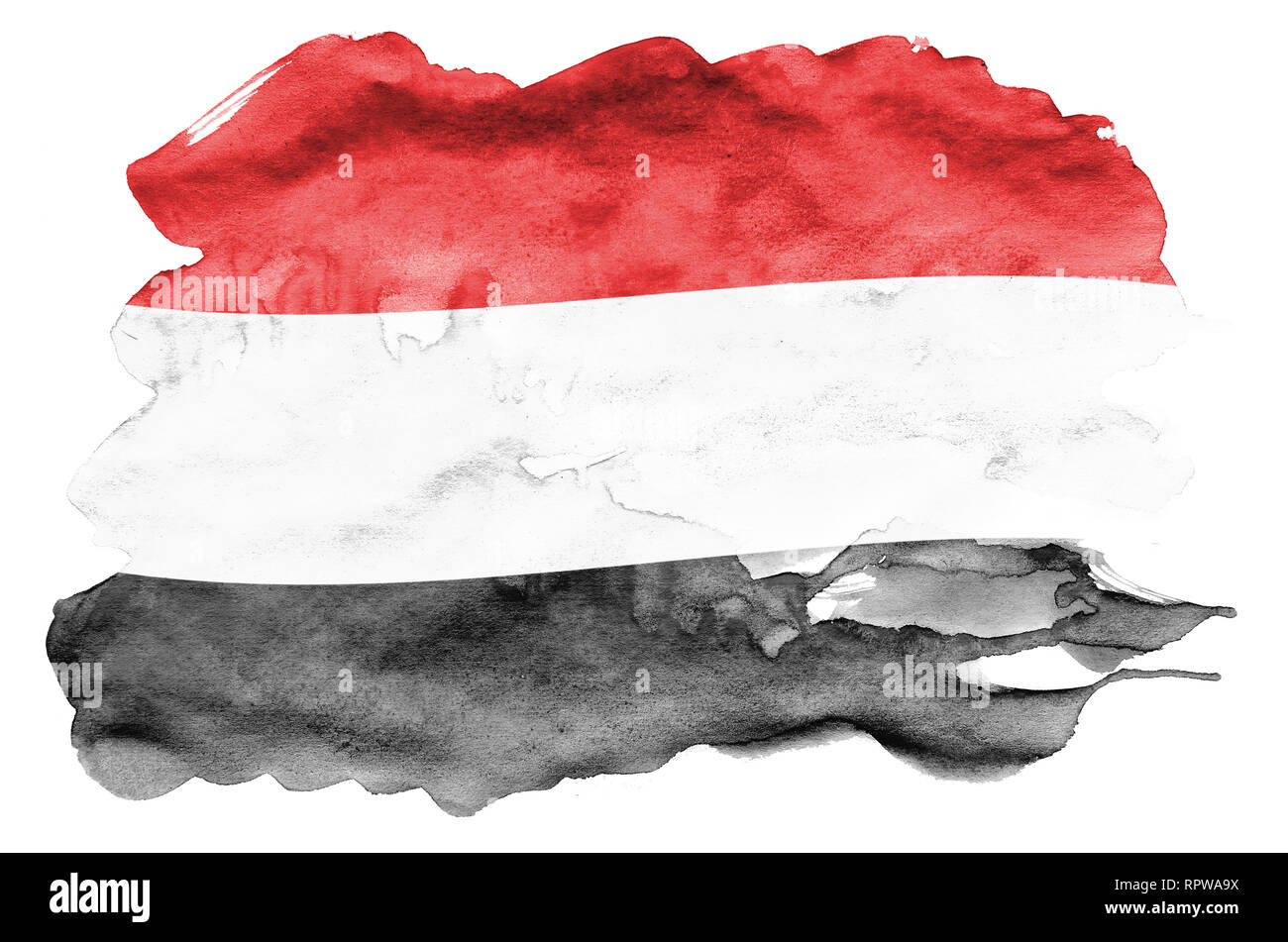 Yemen flag is depicted in liquid watercolor style isolated on white