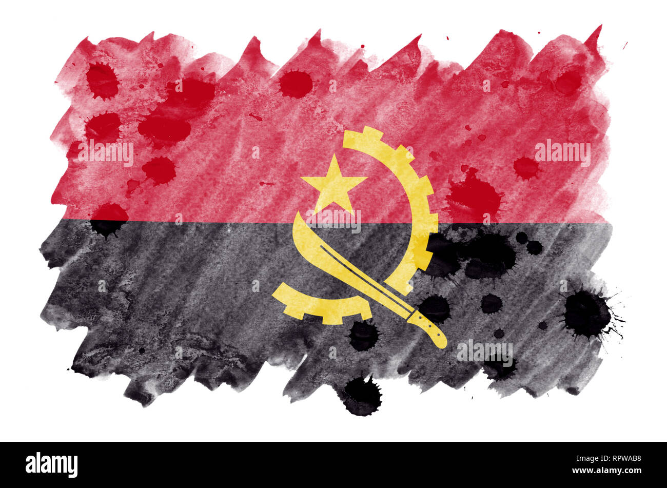 Angola flag  is depicted in liquid watercolor style isolated on white background. Careless paint shading with image of national flag. Independence Day Stock Photo