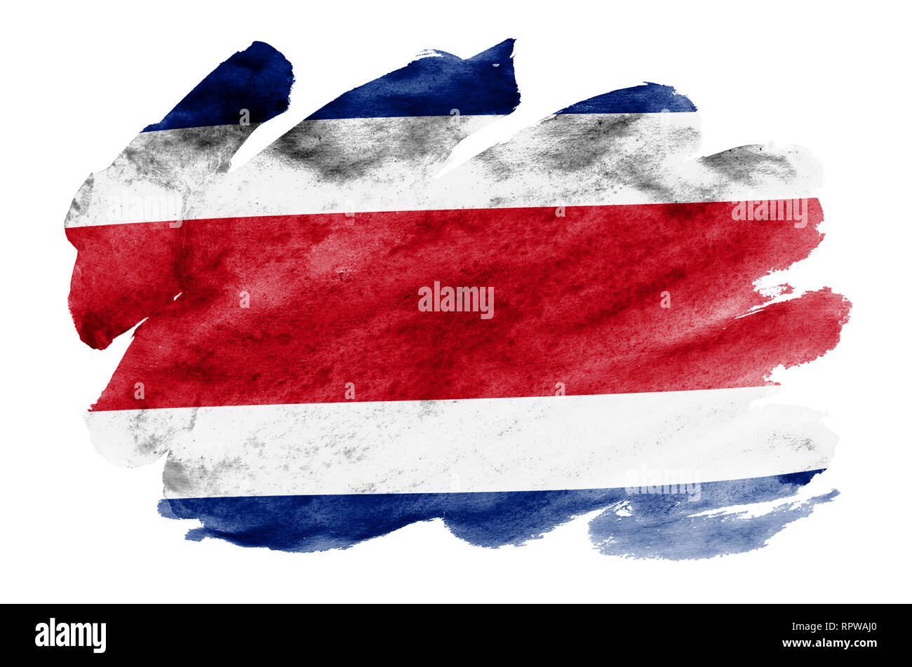 Costa Rica flag  is depicted in liquid watercolor style isolated on white background. Careless paint shading with image of national flag. Independence Stock Photo