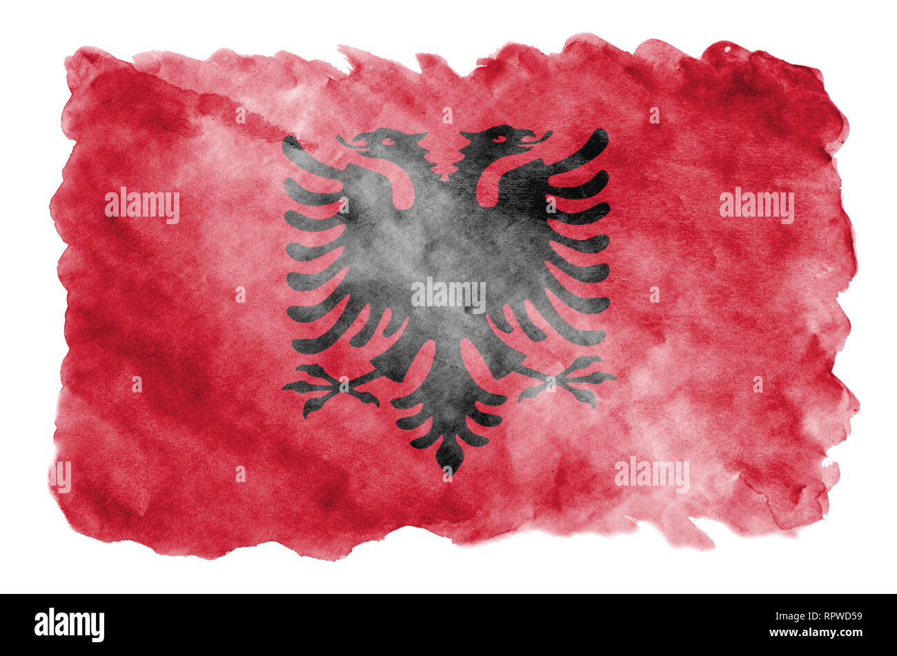 Albania flag  is depicted in liquid watercolor style isolated on white background. Careless paint shading with image of national flag. Independence Da Stock Photo