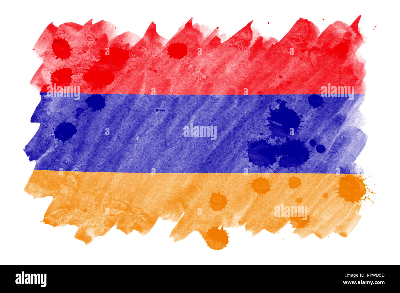 Armenia flag  is depicted in liquid watercolor style isolated on white background. Careless paint shading with image of national flag. Independence Da Stock Photo