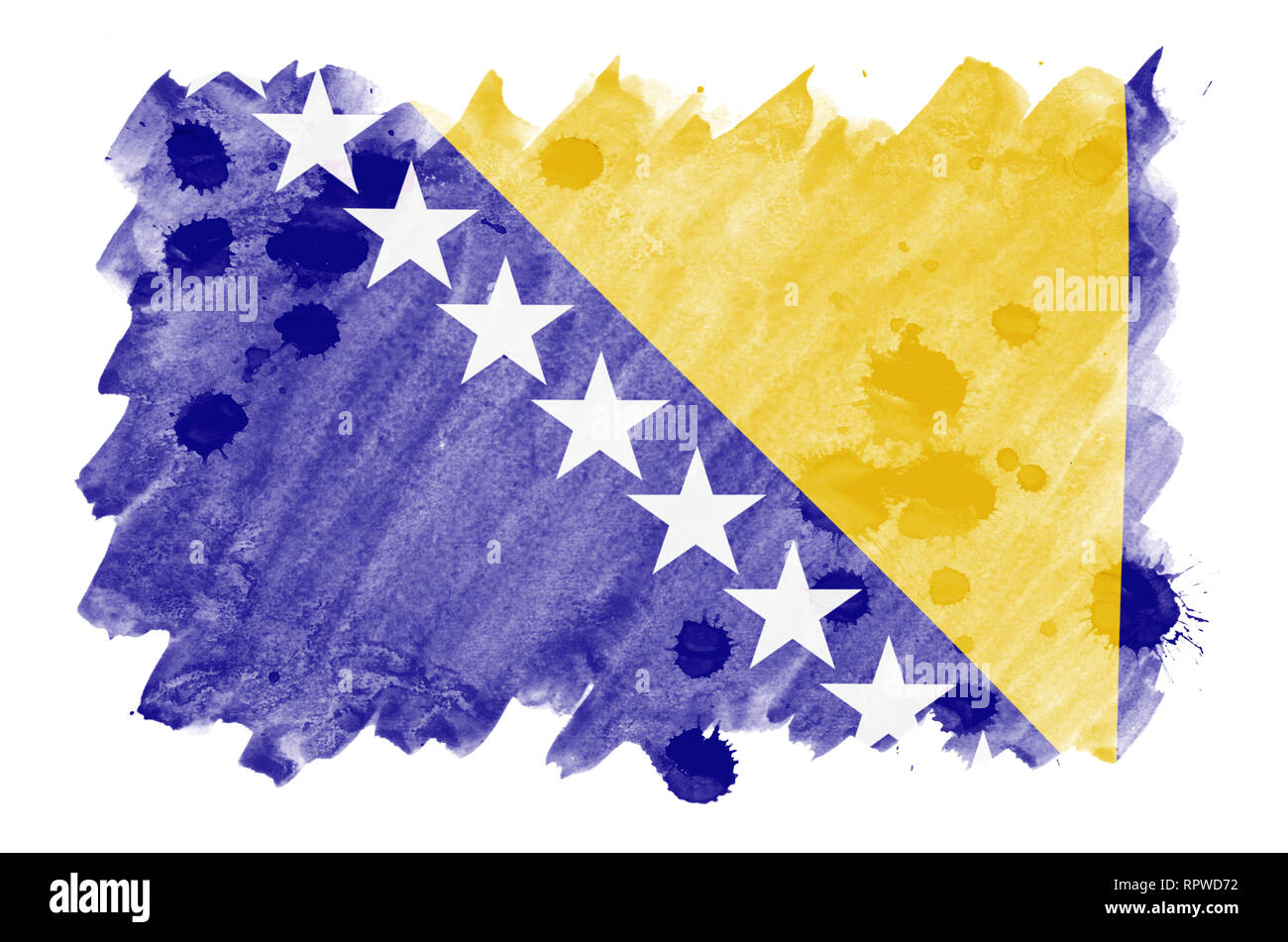 Bosnia and Herzegovina flag  is depicted in liquid watercolor style isolated on white background. Careless paint shading with image of national flag.  Stock Photo