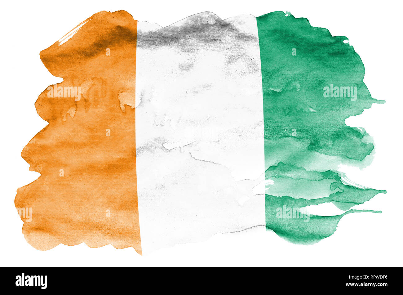 Ivory Coast flag  is depicted in liquid watercolor style isolated on white background. Careless paint shading with image of national flag. Independenc Stock Photo