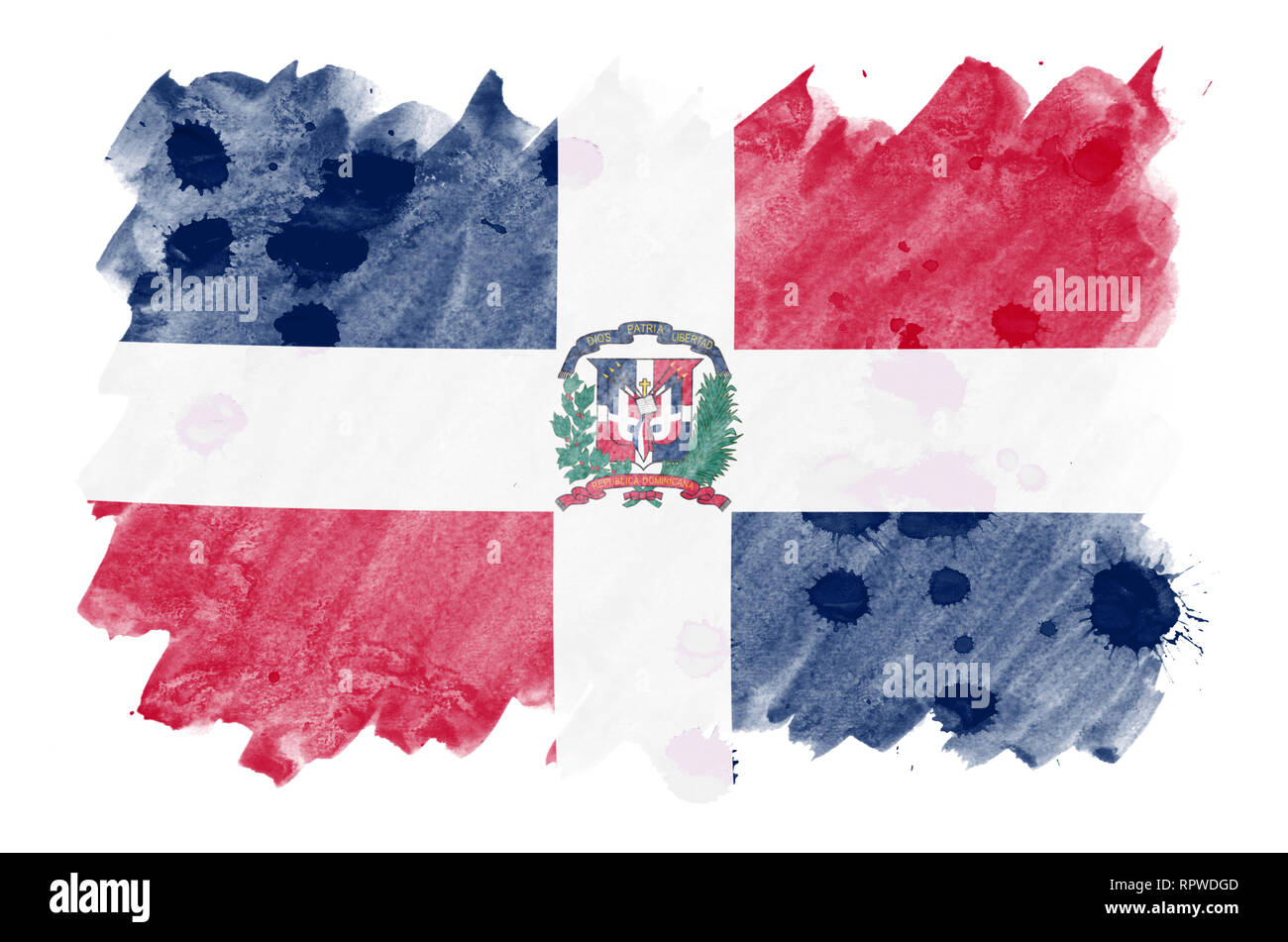 Dominican Republic flag  is depicted in liquid watercolor style isolated on white background. Careless paint shading with image of national flag. Inde Stock Photo