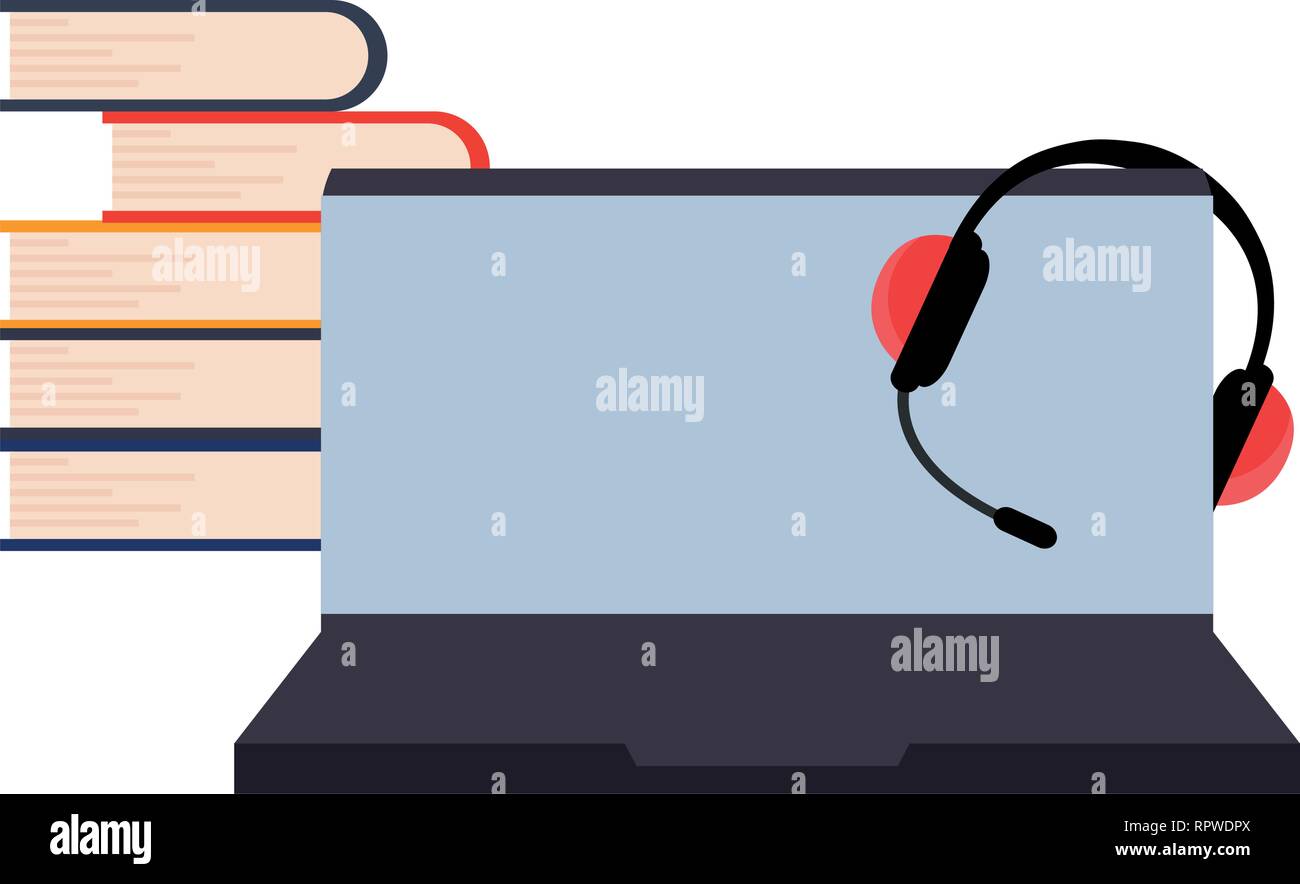 laptop headphones books online education school vector illustration ...