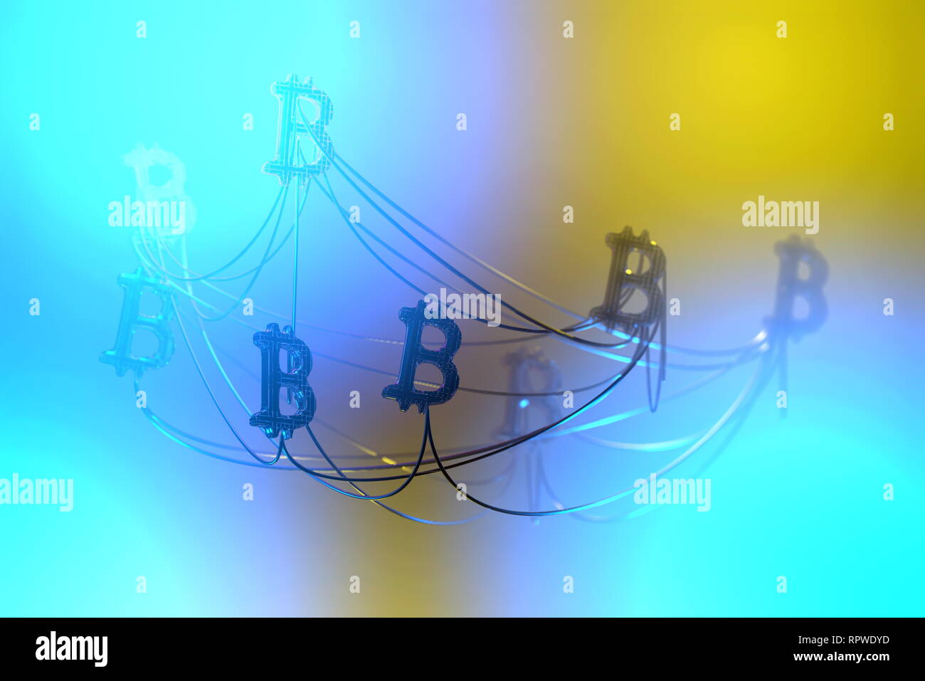 Golden bitcoin signs flying in the air and connected to each other by ...