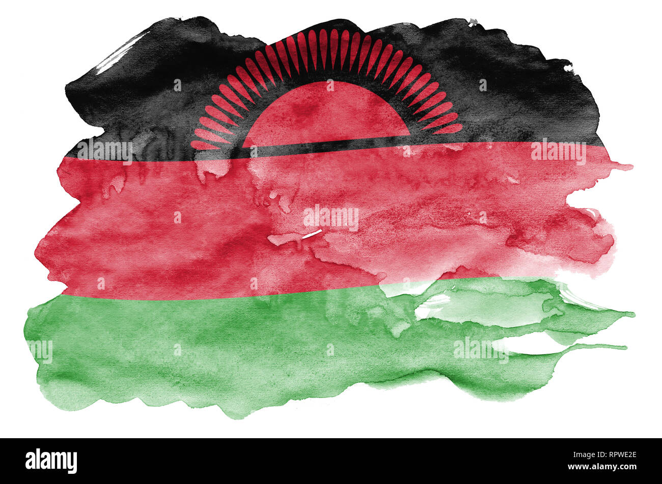 Malawi flag  is depicted in liquid watercolor style isolated on white background. Careless paint shading with image of national flag. Independence Day Stock Photo