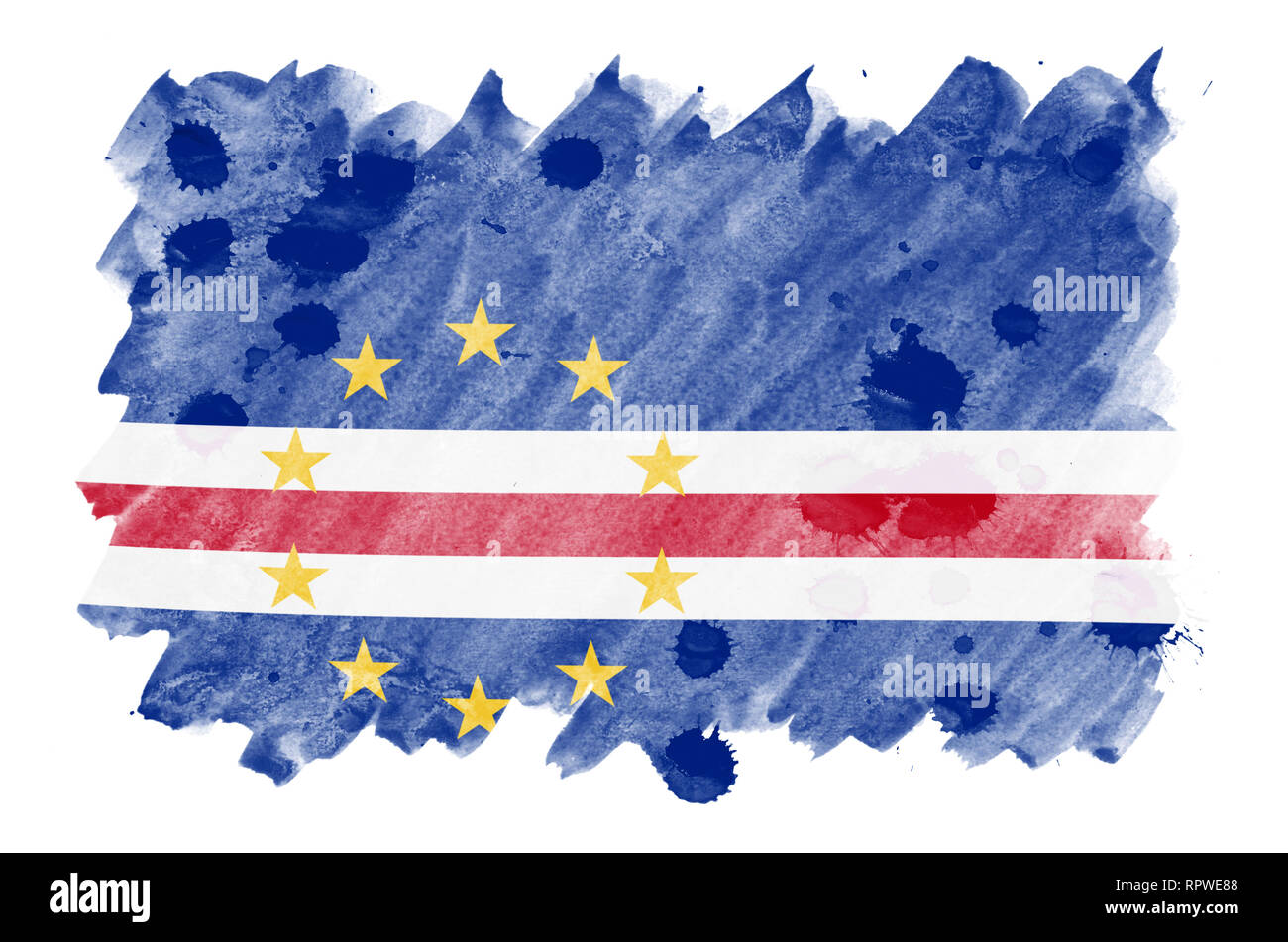 Cabo verde flag  is depicted in liquid watercolor style isolated on white background. Careless paint shading with image of national flag. Independence Stock Photo
