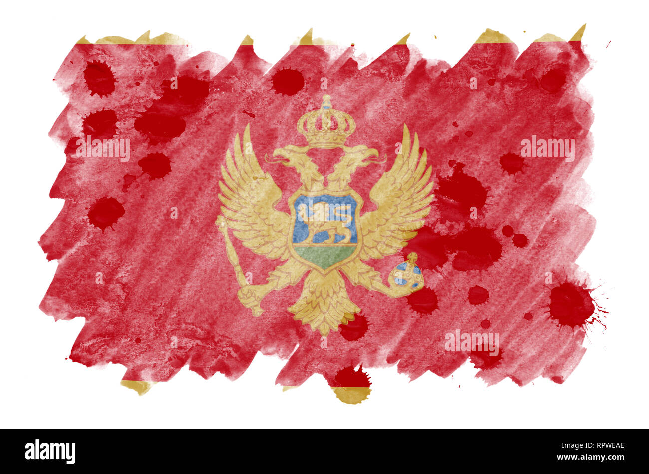 Montenegro flag  is depicted in liquid watercolor style isolated on white background. Careless paint shading with image of national flag. Independence Stock Photo