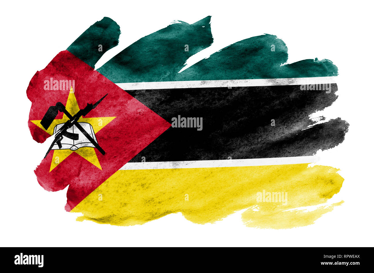 Mozambique flag is depicted in liquid watercolor style isolated on 